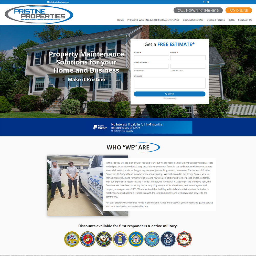 Pristine properties website screenshot