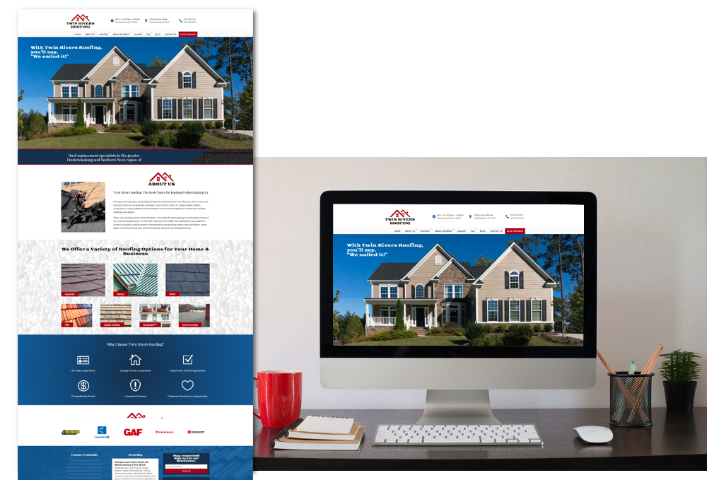 Twin Rivers Roofing website mockup with full height