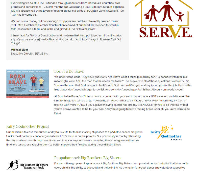 several logos and nonprofit involvement descriptions on Fletcher Construction website we designed